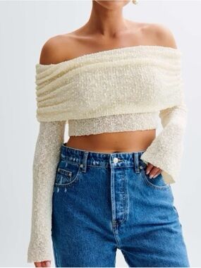 Meshki Off-Shoulder Cream Cropped Knit Top